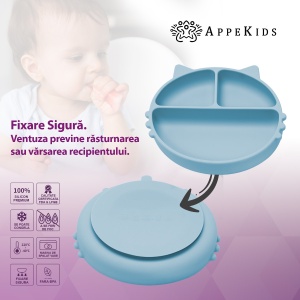 Farfurie compartimentata din silicon cu ventuza, AppeKids - Kitty - Aqua Blue - Img 3