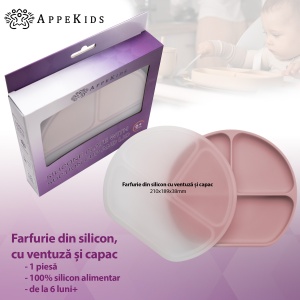 Farfurie compartimentata din silicon cu ventuza si capac, AppeKids - Old Rose - Img 2