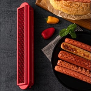 Feliator manual pentru hot-dog Qlplyzon, otel inoxidabil/plastic, rosu, 29,5 x 6,5 cm