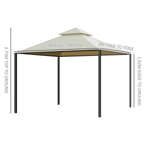 Foisor de gradina 3x3m cu acoperis dublu si 4 perdele laterale cu fermoar, fier/poliester PA hidrofug, 300x300cm, streasina 200cm/varf 270cm, 8 gauri drenaj, 8 tarusi inclusi, bej - Verificat A · Re-Bloom - Img 3