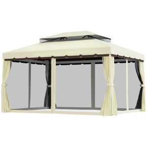 Foisor de gradina 4x3 m Re-Bloom, aluminiu/poliester/plasa nylon, 390x290x270 cm, acoperis dublu anti-UV, plasa tantari+perdele incluse, stresina 195 cm, crem/maro - Verificat A · Re-Bloom - Img 2