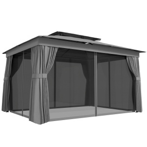 Foisor de gradina cu 2 niveluri, plasa tantari si perdele, 380x300x270 cm, acoperis UPF30+, coloane metal vopsit electrostatic, gri inchis - Verificat A · Re-Bloom - Img 1