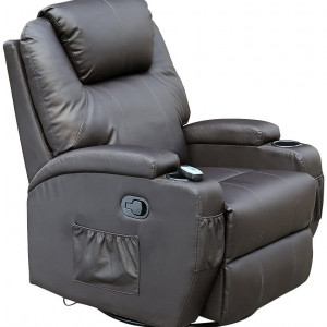 Fotoliu recliner Cinemo, cu masaj, incalzire, rotativ si cu suport pentru bauturi, piele naturala, negru - Img 1
