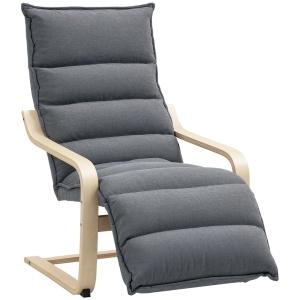 Fotoliu relaxant cu suport pentru picioare reglabil, catifea poliester/lemn mesteacan/spuma, 67x93-114x105 cm, sezut 55x45x45cm, capacitate 120kg, gri inchis/natur - Verificat A · Re-Bloom