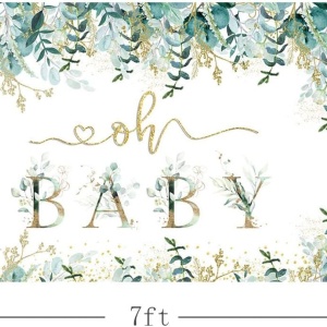 Fundal foto pentru Baby Shower Mehofond, vinil, alb/verde/auriu, 210 x 150 cm