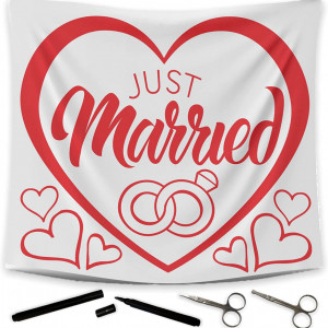 Fundal pentru nunta cu 2 foarfece si 2 stilouri Mijoma, inima, alb/rosu, 2 x 1,8 m - Img 1