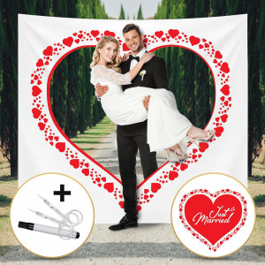 Fundal pentru nunta cu 2 foarfece si un stilou Art_Deco, poliester, inima, alb/rosu, 2 x 1,8 m - Img 7