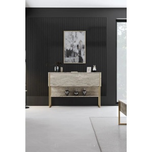 Hanah Home masa consola, PAL melaminat/picioare metal, 120x30x80 cm, grosime 18mm, picioare profil 20x20mm, travertin/auriu - Verificat A · Re-Bloom - Img 5
