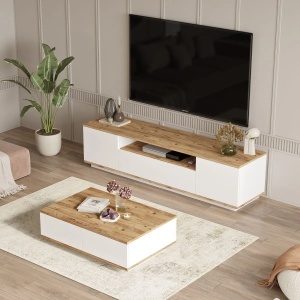 Hanah Home set mobilier living, comoda TV 180x44.6x44.5 cm + masuta cafea 90x28.6x60 cm, PAL 18mm, pin atlantic si alb - Verificat A · Re-Bloom - Img 2