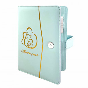 Husa pentru jurnalul de maternitate PillyBalla, piele ecologica, albastru deschis/auriu, 30,9 x 20,9 cm - Img 1