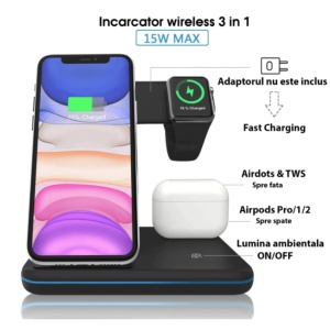 Incarcator Wireless REVOSE™, Statie Incarcare 3 In 1 Qi Fast Charger 15W Incarcare Rapida Compatibil Cu Apple Watch, Airpods, Iphone Android Samsung Huawei Xiaomi, Cablu inclus, Negru - Img 4