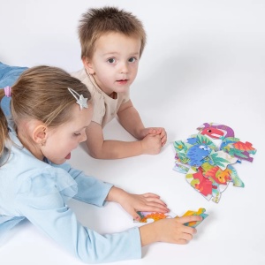 Joc educational pentru copii, 5 puzzle progresive cu Dinozauri, KuKiKuk Efko, 19 piese mari, carton gros, animatii colorate haioase, varsta 2-5 ani - Img 3