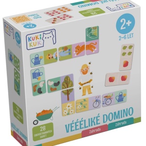 Joc educational pentru copii, Domino piese mari gigant, KuKiKuk Efko,28 piese printate pe ambele fete cu fructe si obiecte gradinarit, carton gros, animatii colorate haioase, varsta 2-6 ani - Img 1