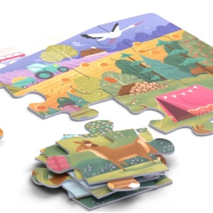Joc educational pentru copii, tip puzzle On the trip cu 2 fete, KuKiKuk Efko, 24 piese mari, carton gros, animatii colorate haioase, o fata pentru colorat, dimensiune montare 68x47 cm, varsta 2-6 ani - Img 3