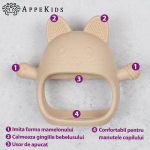 Jucarie pentru dentitie din silicon, Appekids, Manusa Kitty - Bubble Beige - Img 3