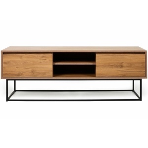 Kalune Design Angelina comoda TV 140x40x50 cm, PAL 18mm laminat, 2 sertare, picioare metal 22cm, rafturi multiple, fixabil perete, nuc si negru - Verificat A · Re-Bloom