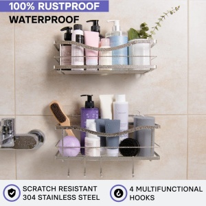 KINCMAX set 2 rafturi de baie, otel inoxidabil 304, raft 1: 31.5x11.9x12.9 cm + raft 2: 32x14x12.9 cm, 9kg/raft, 4 carlige mobile, drenaj optimizat, argintiu - Verificat A · Re-Bloom - Img 4