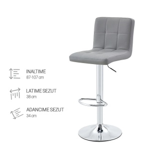Kiwari Lior set 2 scaune bar reglabile, sezut PU/spuma, baza rotativa crom, 38x34cm, inaltime 87-107cm, sezut 59-79cm, capacitate 120kg, design modern, gri - Verificat A · Re-Bloom - Img 3