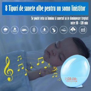 Lampa LED Inteligenta, Radio FM cu Ceas si Alarma, Simulare Rasarit si Apus de Soare, Sunete albe, 7 culori LED, Smart Wake-up light, Port USB - Img 3