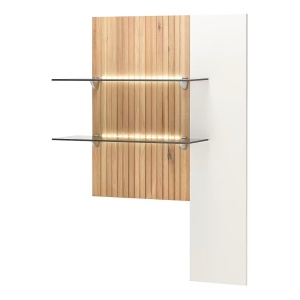 Lazori raft perete LED 82x133x28 cm, 2 rafturi sticla, panou stejar masiv uleiat, suport MDF lacuit, alb/stejar bianco - Verificat A · Re-Bloom