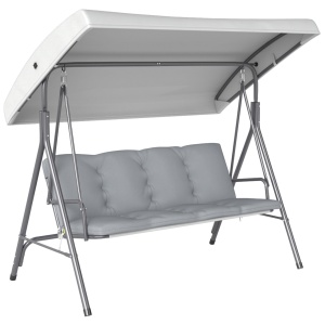 Leagan de gradina pentru 3 persoane Re-Bloom, otel/poliester, 172x110x156 cm, acoperis reglabil 168x110 cm, perne incluse, 210 kg, gri deschis - Verificat A · Re-Bloom