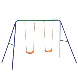 Leagan pentru copii cu 2 scaune, otel/PP, 269x160x180 cm, scaun 33.5x17x9cm/inaltime 45cm, capacitate 45kg/scaun, certificat EN71, varsta 3-8 ani, 4 tarusi inclusi, albastru/verde/portocaliu - Verificat A · Re-Bloom