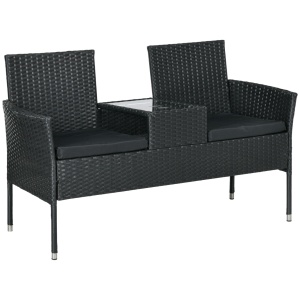 Mobilier de terasa 2 locuri Re-Bloom, ratan PE/otel/sticla/poliester, 135x64x81 cm, masa integrata, 2 perne incluse, 120 kg/loc, negru - Verificat A · Re-Bloom