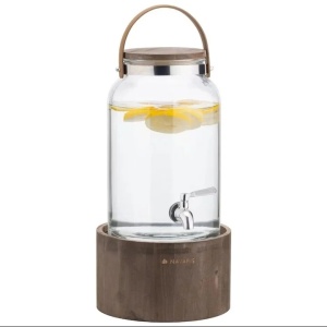 Navaris dozator bauturi 5.6L, suport lemn, robinet inox, maner piele, Transparent/Maro - Verificat A · Re-Bloom