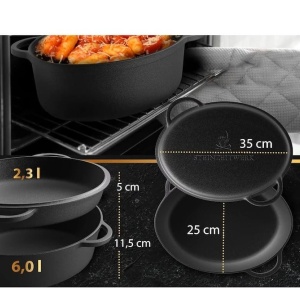 Oala cu capac Steinzeitwerk din fonta, 6 l, 2in1, pentru cuptor, plita, gaz, electric, cu inductie, ovala, 35x25x17 cm, negru, Resigilat, Grad A - Img 3