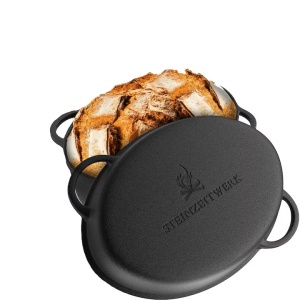 Oala cu capac Steinzeitwerk din fonta, 6 l, 2in1, pentru cuptor, plita, gaz, electric, cu inductie, ovala, 35x25x17 cm, Negru, Resigilat, Grad A