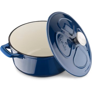 Oala fonta emailata Navaris, albastru, cu capac, pentru cuptor, plita, gaz, electric, cu inductie, cu infrarosu, 24 cm, 3.5 l, Resigilat, Grad A