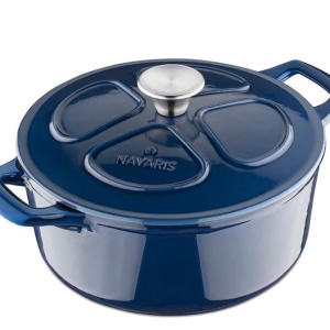Oala fonta emailata Navaris, albastru, cu capac, pentru cuptor, plita, gaz, electric, cu inductie, cu infrarosu, 24 cm, 3.5 l, Resigilat, Grad A