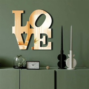 Oglinda decorativa de perete Re-Bloom, model LOVE, plexiglas/EVA, auriu, 47 x 48 cm
