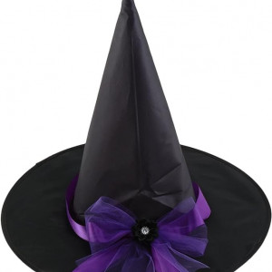 Palarie de vrajitoare pentru Halloween Jvaenousn, tesatura, negru/violet, 38 x 35 cm