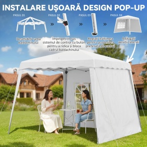 Pavilion pliabil 240x240x250 cm, baza 289x289 cm, 2 laterale, acoperis poliester impermeabil UV50+, inaltime reglabila, cadru otel, alb - Verificat A · Re-Bloom - Img 5