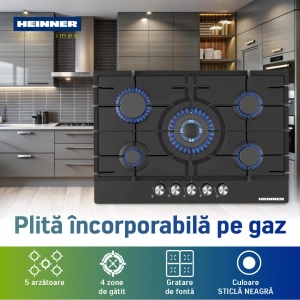 PLITA INCORPORABILA HEINNER HBH-M705IWFGBK, GAZ, 5 ARZATOARE, WOK, GRATAR FONTA, CONTROL FRONTAL, ARINDERE ELECTRICA, DISPOZITIV DE SIGURANTA, DUZE GPL Produs Resigilat INCLUSE, DIMENZIUNI (LXA): 75X51 CM, CULOARE: STICLA NEAGRA - Img 4