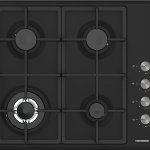 Plita incorporabila Heinner HBH-S4IWF-BK, Gaz, 4 arzatoare, Wok, Gratar fonta, Control lateral, Aprindere electrica, Negru