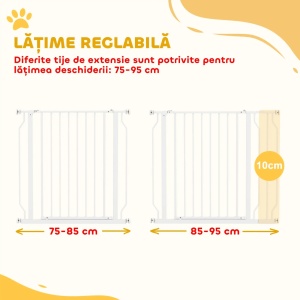 Poarta pentru caini cu latime reglabila 75-95cm, otel/ABS, 76cm inaltime, dublă blocare, kit extensie 10cm inclus, alb - Verificat A · Re-Bloom - Img 6