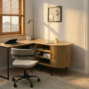 Produs Resigilat Birou de colt Re-Bloom Solari, MDF/fier, 140x140x72 cm, spatiu depozitare, 30 kg, maro/negru - Verificat A - Img 2