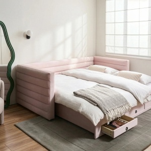 Produs Resigilat Canapea extensibila cu depozitare Re-Bloom Meudon, catifea/placaj/MDF, 235x105-180x75 cm, somiera 16 lamele, suprafata dormit 90-180x200 cm, 150 kg, roz pastel - Verificat A - Img 3