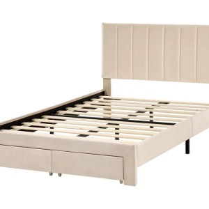 Produs Resigilat Pat Re-Bloom Lonzac, 120x200 cm, catifea/lemn, somiera 12 lamele, tablie 125x51 cm, picioare 28 cm, bej - Verificat A - Img 3