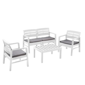 Progarden set mobilier gradina Java 4 piese, polipropilena, canapea 2L 121x58x74 cm + 2 scaune 63x58x74 cm + masa 74x55x38 cm, perne incluse, alb - Verificat B · Re-Bloom