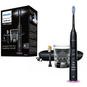 RESIGILAT Periuta de dinti electrica Philips Sonicare DiamondClean 9000 HX9917/89, 62000 miscari/minut, 4 moduri de curatare, 3 nivele intensitate, functia BrushSync, 2 baze de incarcare, 2 capete de periere, aplicatie Sonicare, Negru