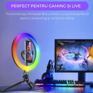 Ring Light Lampa Circulara REVOSE™, Diametru 26cm/10inch LED, Lumina Naturala/Rece/Calda, 15 culori RGB, Trepied Inclus, Telecomanda Bluetooth - Img 2