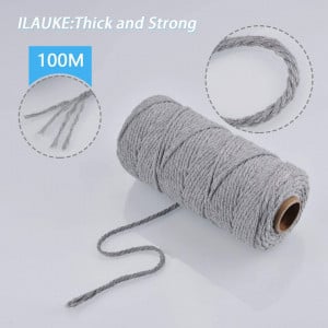 Rola macrame Jizzu, bumbac, gri, 100 m x 3 mm - Img 5