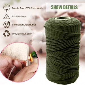 Rola macrame Wiwoo, bumbac, verde inchis, 100 m x 3 mm