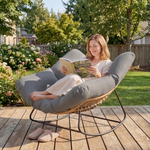 Scaun balansoar de terasa, metal/ratan sintetic/poliester, 97x107x79 cm, sezut 60x60cm/inaltime 40cm, perna 136x128x10cm inclusa, capacitate 120kg, lemn natural/gri - Verificat A · Re-Bloom - Img 2