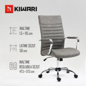 Scaun birou Kiwari® Rani, spatar inalt, cadru cromat, brate fixe cu perne PU, mecanism tip fluture, baza cromata, rotile din nylon, Gri, Resigilat, Grad A - Img 3