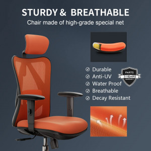 Scaun de birou ergonomic Sihoo, spate inalt, tetiera reglabila cu cotiere 2D, suport lombar, roți poliuretanice, portocaliu, 65 x 60 x 130 cm - Img 5