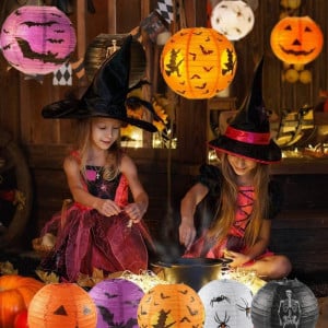 Set 10 felinare de Halloween Sunsk, hartie, multicolor, 20 cm